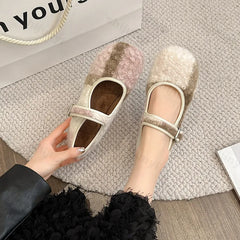 Lunivop Winter Shoes for Women Flats Wool Mary Janes Shoes Plaid Warm Boat Shoes Buckle Strap Plush Ballet Flats Autumn Loafers