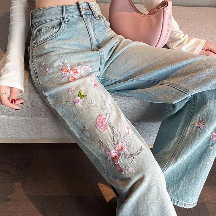 Lunivop French pink flower embroidered jeans women spring and autumn new high waist fashion slim wide-leg pants embroidered straight