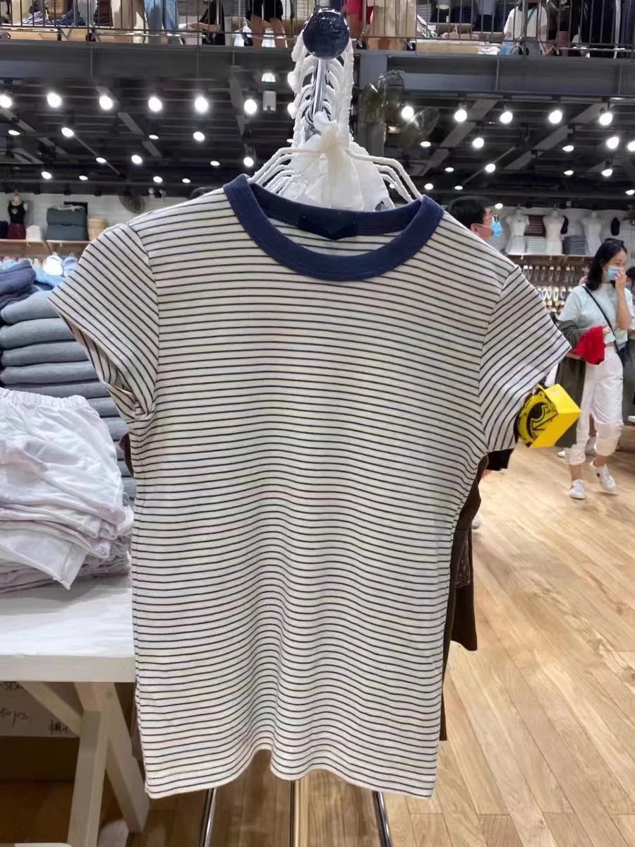 Lunivop  Sweet Pink Striped Slim T-shirt Women Spring Round Neck Cotton Short Sleeve Tee Shirts Female Cute Preppy Style Y2K T shirts New