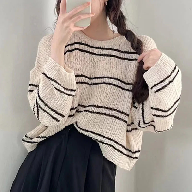 Lunivop Pullover Women Striped Knit Sweater Comfy Lightweight Long Sleeve Crew Neck Jumper Female Teen-girl Casual Daily Outfit