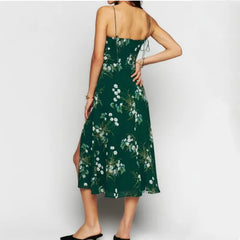 Lunivop  Women Lacing up Sling Chiffon Robe Party Retro French Style Green Flower Print Bandage Spaghetti Strap Hem Slit Midi Dress