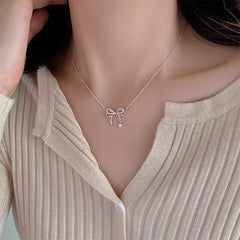 Lunivop Korean Trendy Simple Bling Zircon Silver Bow Pendant Necklace for Women Glossy Stainless Steel Chain Sweet Elegant Party Jewelry