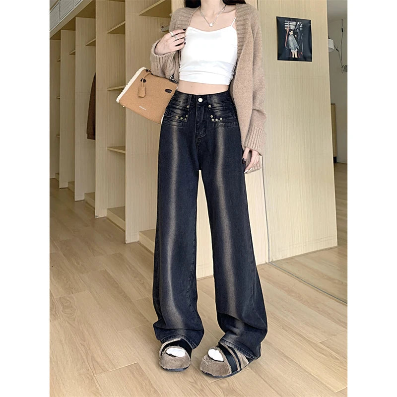 Lunivop Autumn Korean Y2K Fashion Dye Vintage Blue Baggy Jeans Pants For Women Clothes High Waist Hip Hop Lady Trousers De Mujer