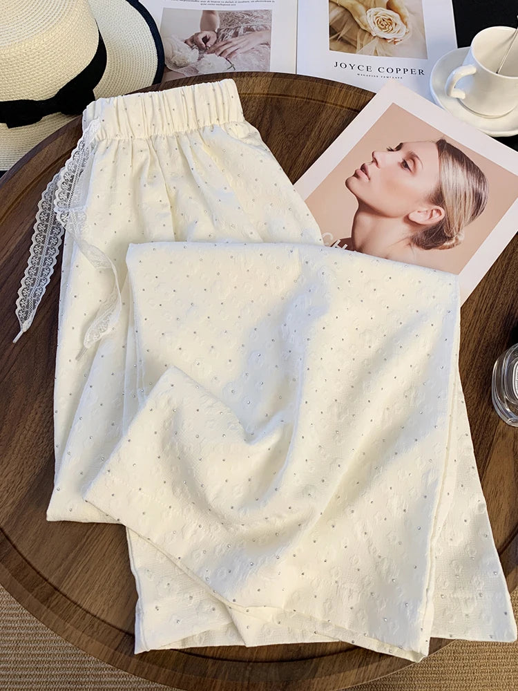 Lunivop  Chic Diamond Wide Leg Pant Elegant Women Loose High Waist Fashion Trousers Casual Korean Lace Up Female Sweet Pants Summer