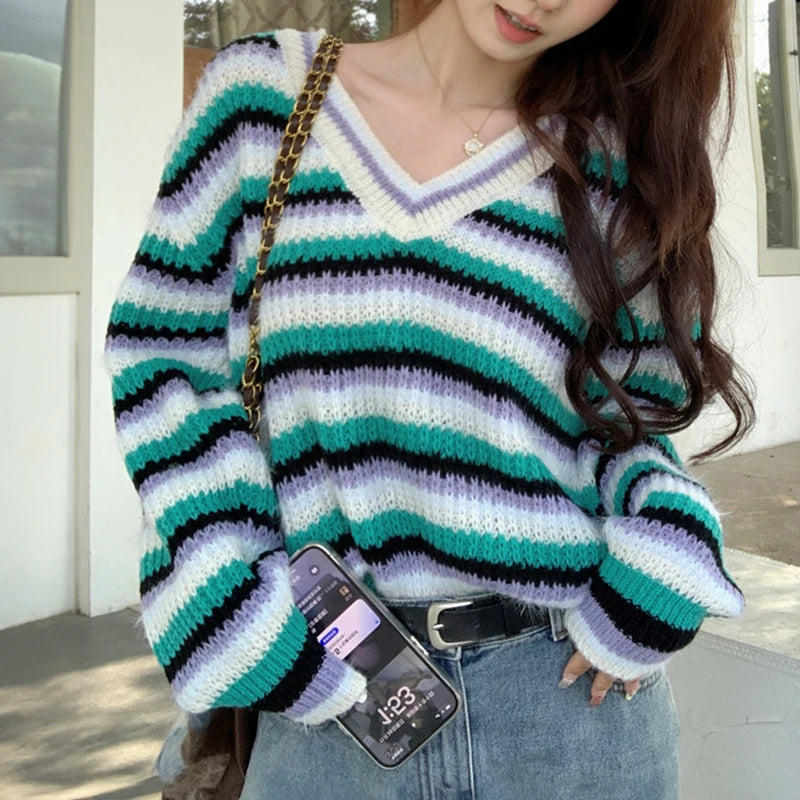Lunivop Multicolor Striped Pullover Women Sweater Soft Knitted V-Neck Long Sleeve Jumper Teen-girl Fall Winter 90s Y2K Outfit