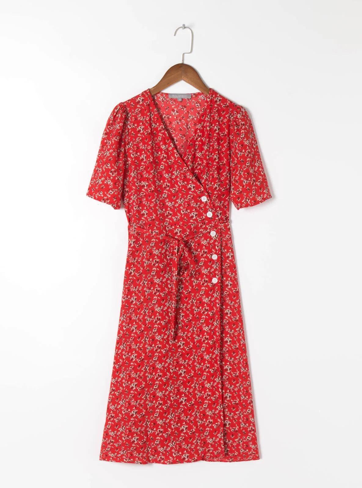 Lunivop  Retro V neck Front Slit Red Flower Wrap Dress Woman Tie Bow Lace up Waist Short Sleeve Below Knee Tea Dresses Holiday Robe