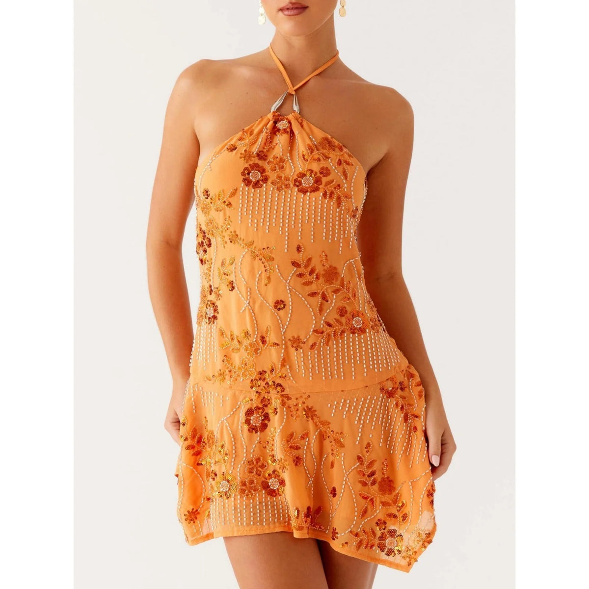 Lunivop  Sequins Floral Dress y2k Women Beaded Spaghetti Strap Sleeveless Halter Neck A Line Dress 2000s Cocktail Party Dresses