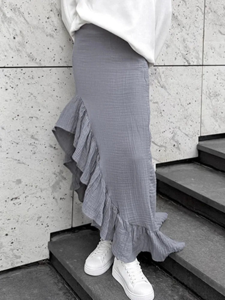Lunivop  Autumn Women Clothing Pure Cotton Long Skirts Fashion Split Pleated Ruffles Edge Casual Irregular Skirts Streetwear