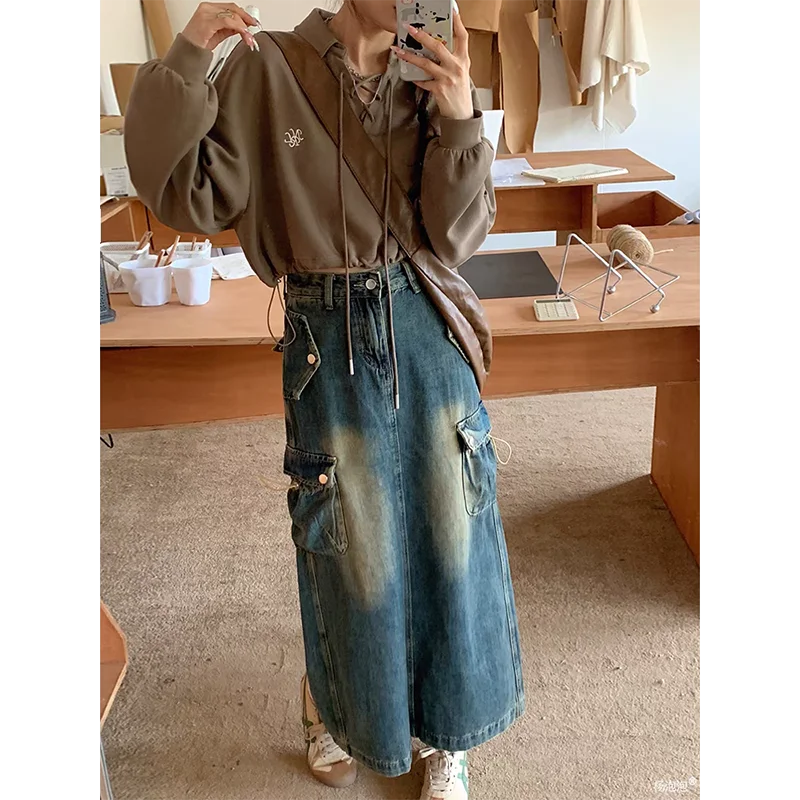 Lunivop Women Y2k High Waist Denim Ankle Length Cargo Skirts Girls Robe Cool Casual Wrap Dress Female Blue A Line Long Skirts Jeans