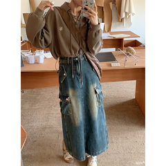 Lunivop Women Y2k High Waist Denim Ankle Length Cargo Skirts Girls Robe Cool Casual Wrap Dress Female Blue A Line Long Skirts Jeans