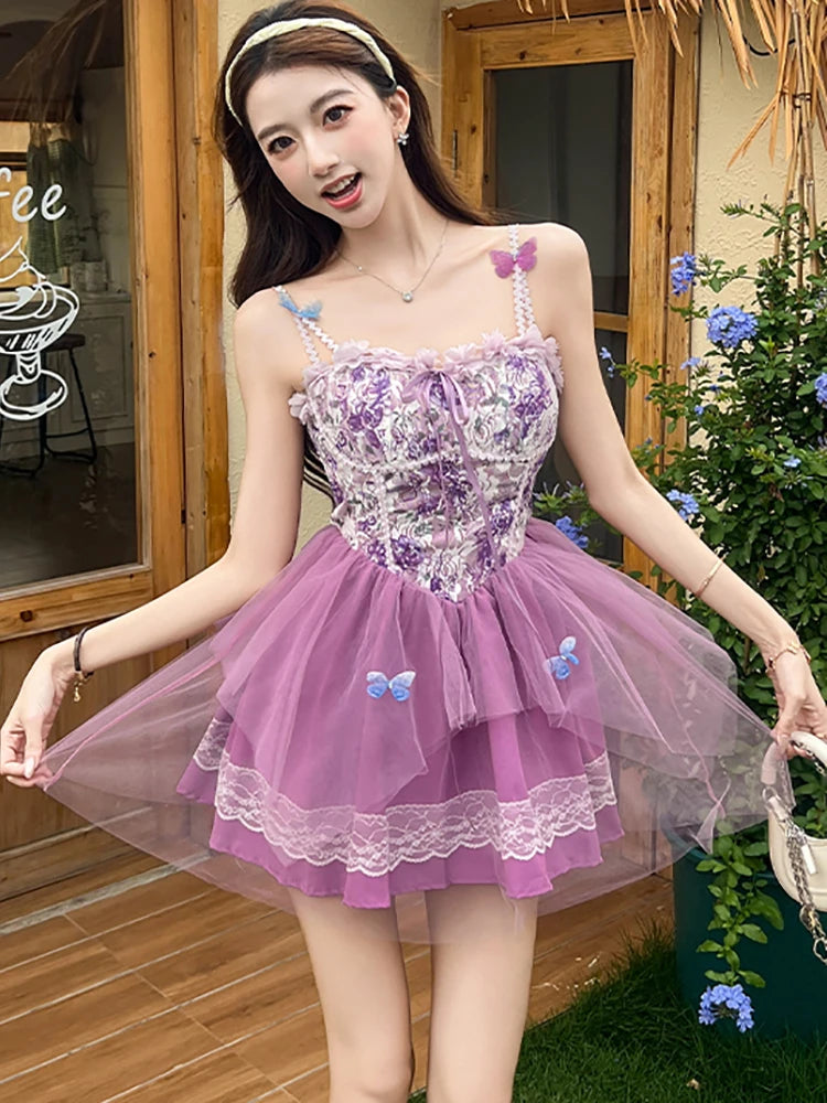 Lunivop  Women Purple Jacquard Patchwork Mesh Casual Short Dress Summer Elegant Sling Sexy Dress 2025 Korean Fashion Birthday Party Dress