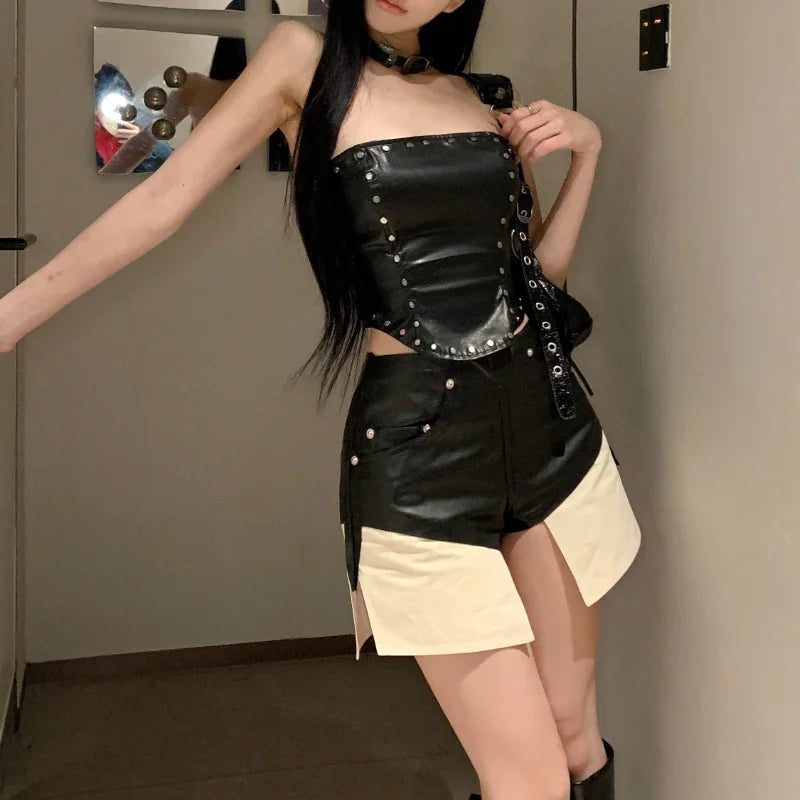 Lunivop Summer New American Off-shoulder Rivets Sexy Leather Camisole Women + High Waist Patchwork Casual Shorts Two-piece Suit