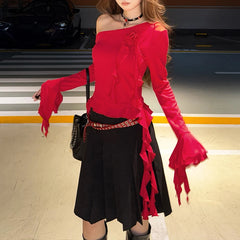 Lunivop  Women's Elegant Flare Sleeve Ruched Red T Shirts Fashion 2025 Autumn Skew Collar 3D Flower Ruffles Irregular Solid Club Tee Tops