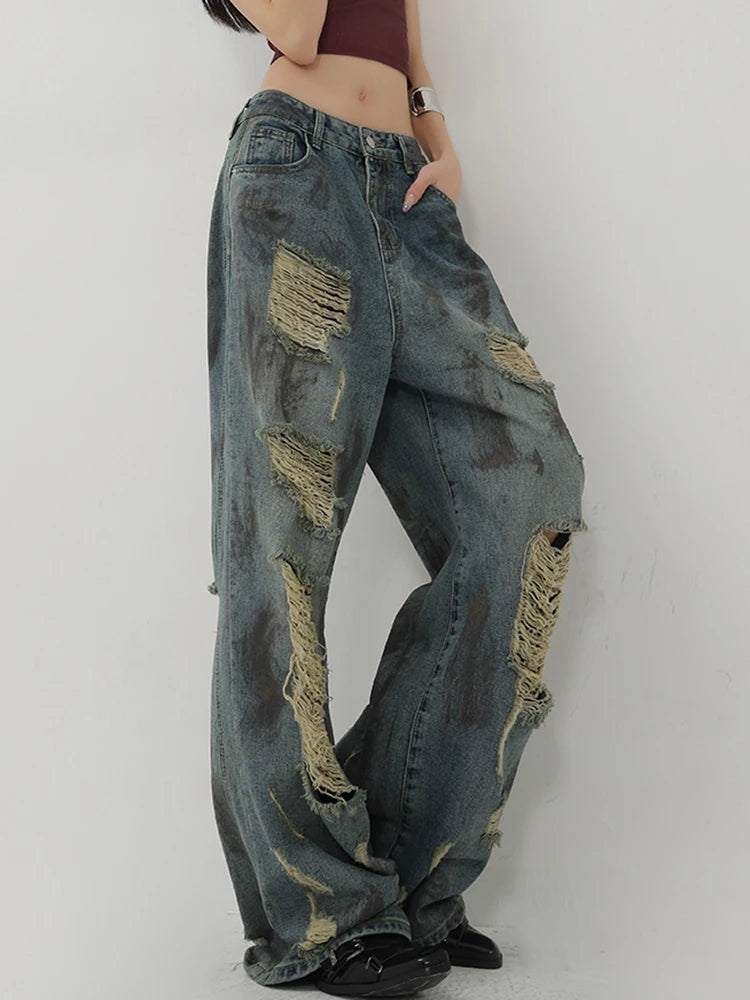 Lunivop  Streetwear Hole Y2K Jeans Women Vintage American High Waist Harajuku Denim Pant Loose Hip Hop Design Lady Wide Leg Trousers