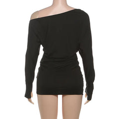 Lunivop  Women Sexy Bodycon Mini Dress Rivets Inclined Shoulder Long Sleeve Peach Hips Night Clubwear Autumn Casual Streetwear