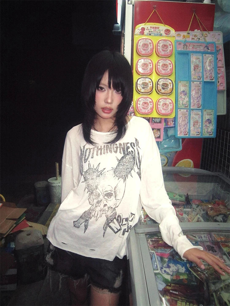 Lunivop Y2k Japanese T-shirt Women Broke Hole Loose Casual Tshirt Print Graphic Tops American Retro Grunge Tops Streetwear Tee