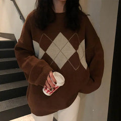 Lunivop  Autumn and Winter Fashion New Women's Loose Sweater Elegant Knitted Diamond Grid Retro Warm Cashmere Thick Hoodie Jumper