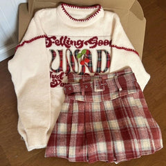 Lunivop  American Lazy Style Sweet Embroidered Knitted Sweater+ High Waist Woolen Plaid Pleated Skirts Spring Autumn New Two Piece Sets