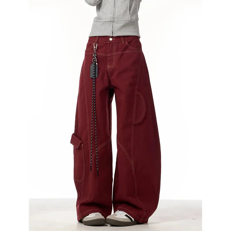 Lunivop Jeans Women Red Vintage High Waisted Straight Denim Trouser Y2K 90s Hip hop American Streetwear Wide Leg Classic Denim Pants