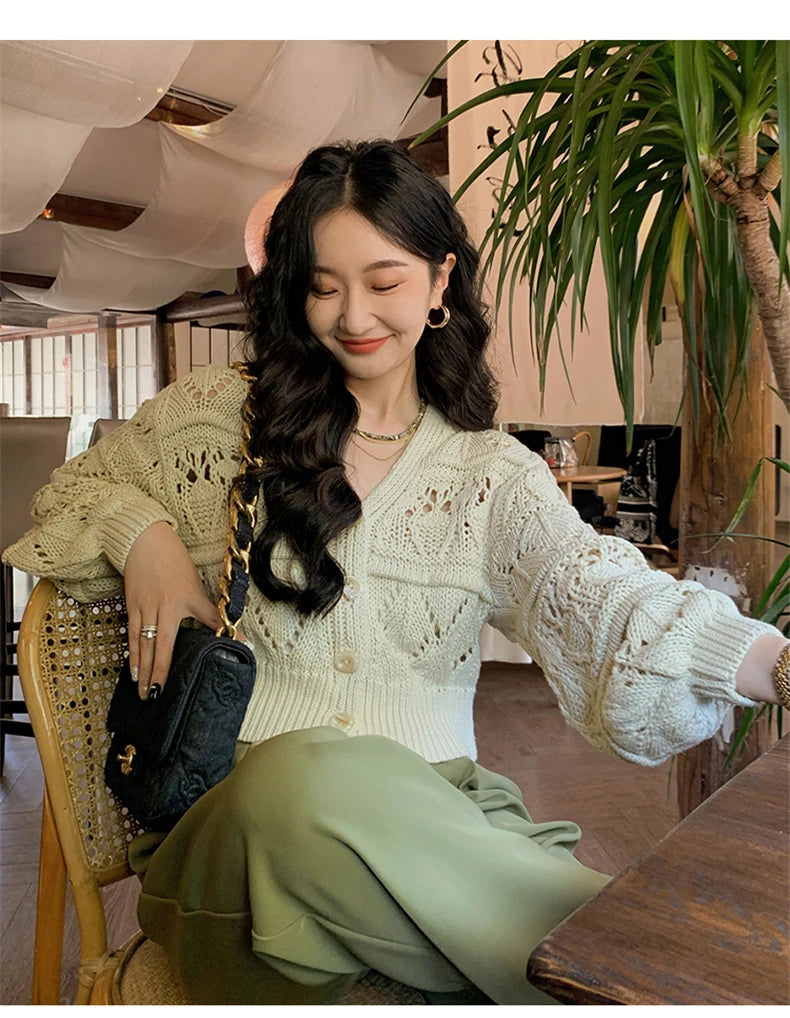 Lunivop Long Sleeve Pointelle Knit Top Women Sweater Cardigan Sheer Button-up Sweater Jacket blusas para mujer Vacation Boho Outfit