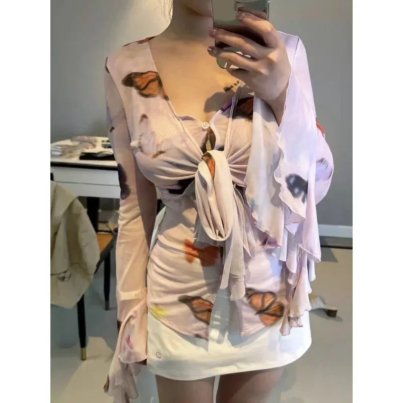 Lunivop Vintage Butterfly Printed Sexy Slim Mesh Long-sleeved Shirt Women Summer New V-neck Lace Up Pleated Hollowed Casual Blouse