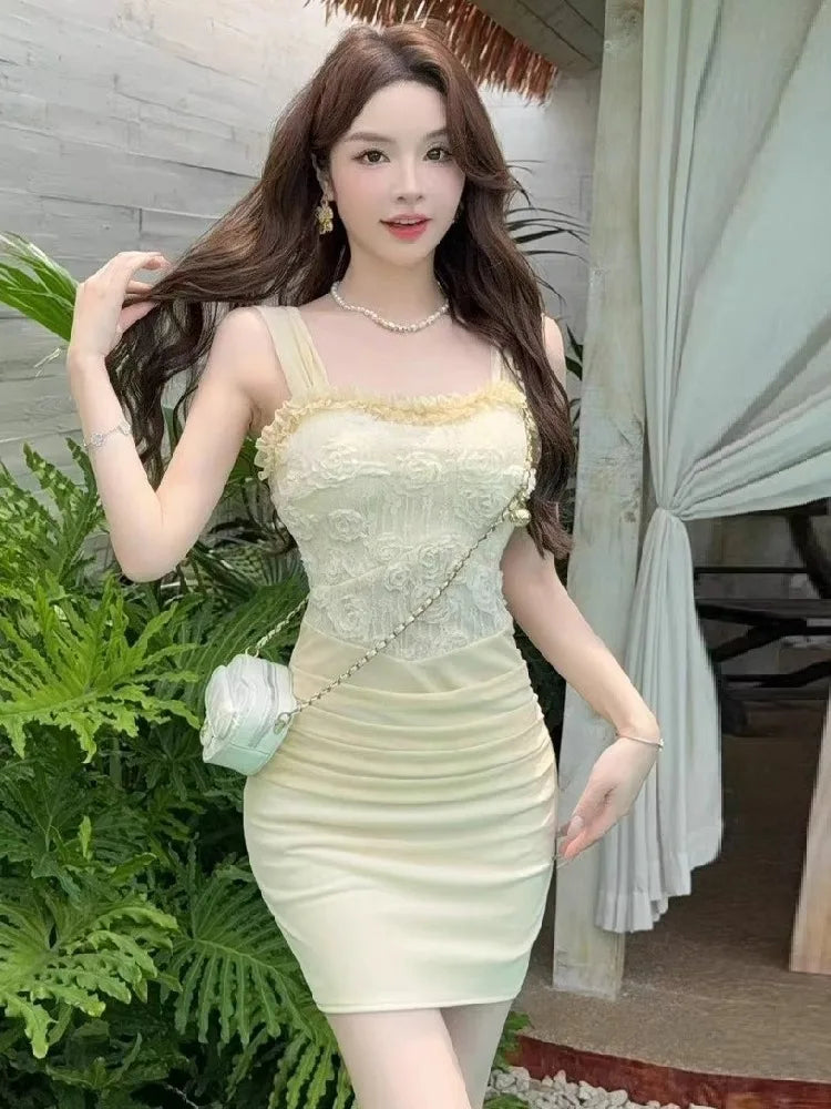 Lunivop  Woman Dress Sexy Lace Patchwork Ruffles Flowers Slash Neck Slim Backless Sweet Elegant Party Mini Dresses Clubwear