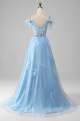 Lunivop  High Quality Customized V-neck Backless Feathers Floor Length Blue Appliques Lace Belt Thin Suspenders Sleeveless Party Dresses