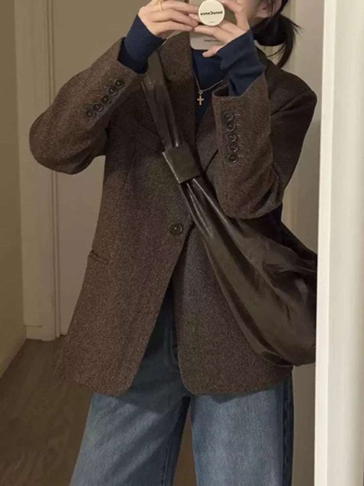 Lunivop Retro Faux Woolen Blazer Coat Women Harajuku Long Sleeve Fall Winter Y2K Jacket Streetwear American Casual Lady Suit Coat