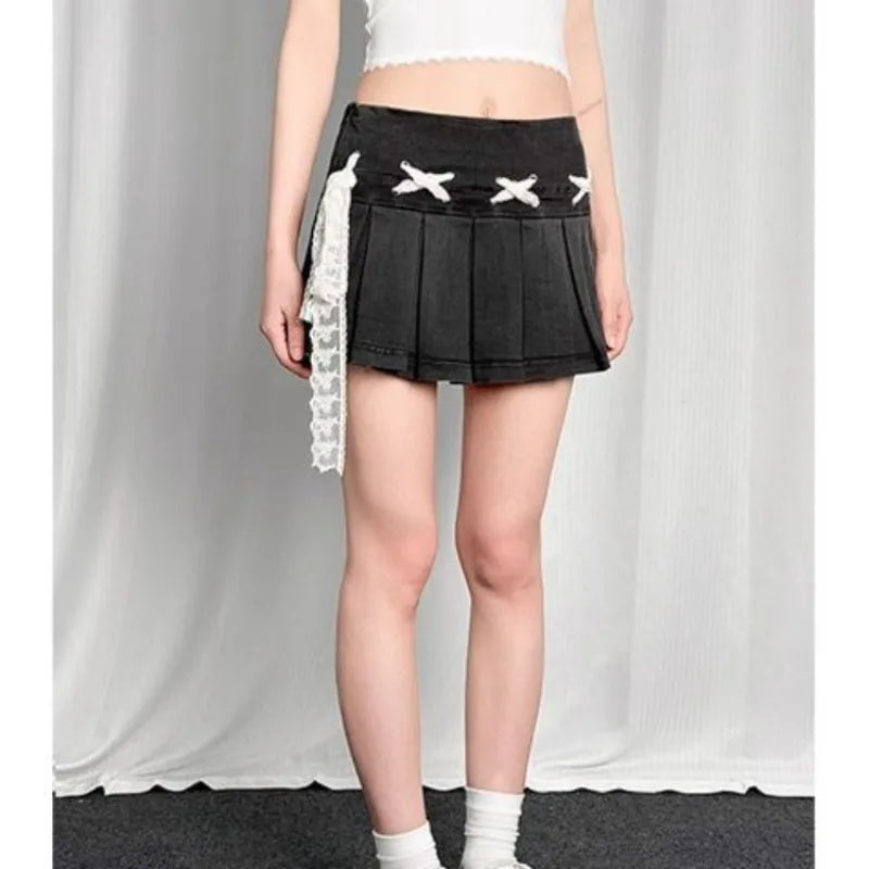 Lunivop  Bow Lace Up Blue Washed Denim Skirt for Women American Vintage Pleated A-line Skirts 2025 Summer New Faldas Sexy Mujer