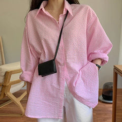 Lunivop Korean Women's Shirt Sunscreen Long Sleeves Shirt Summer Women's Loose Casual Single Breasted Turndown Collar Plaid