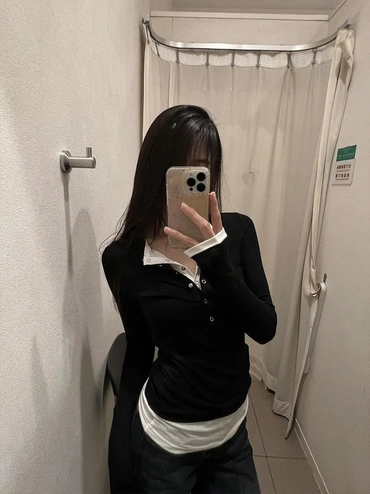 Lunivop Black Basic Fake Two Piece Women T-Shirts Long Sleeve Solid Color Korean Fashion Tees Harajuku Inner Bottoming Slim Sexy