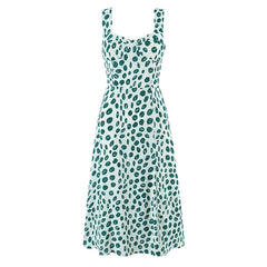 Lunivop  Women's French Retro Dot Print Midi Dress Sleeveless A-line Holiday Summer  Slit Dress for Daily Wear