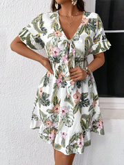 Lunivop  Tropical Floral Print Front Knotted Short Sleeve Casual Dress Vacation Outfit