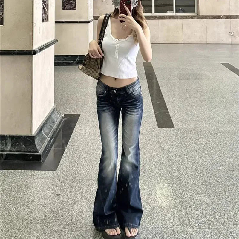 Lunivop  Women Fashion Washed Denim Flares Pants Korean Style Low-Waist Slimming Wide Leg Jeans Female Streetwear Sexy Slim Y2K Trousers