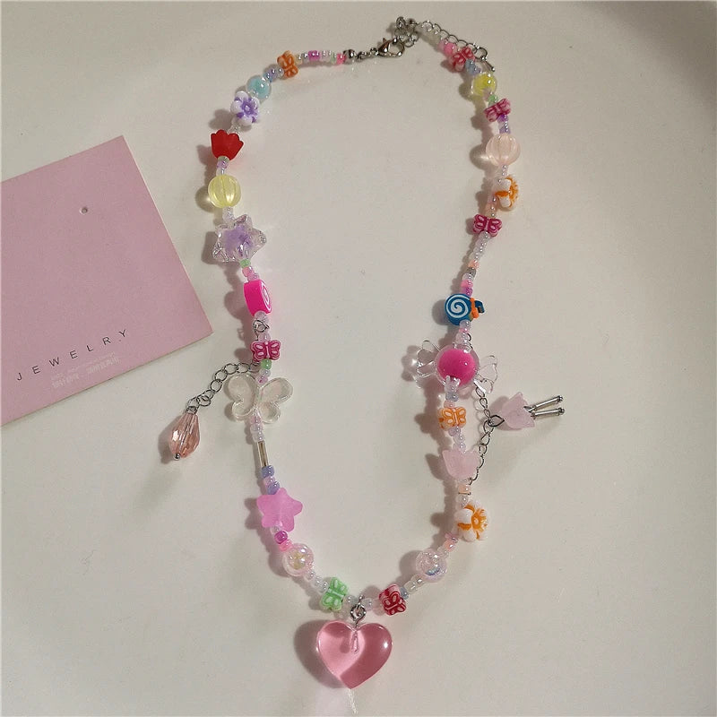 Lunivop Y2K Goth Pink Cute Bowknot Love Strawberry Bead Necklace Neck Decoration Grunge EMO 2000s Aesthetic Scene Accessories For Girl