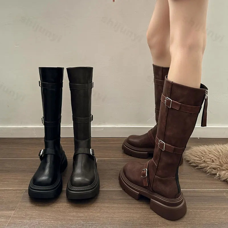 Lunivop Winter Platform Slip on Women Knee High Boots New 2025 Fashion Belt Buckle Thick Heels Knight Long Booties Ladies Shoes Zapatos