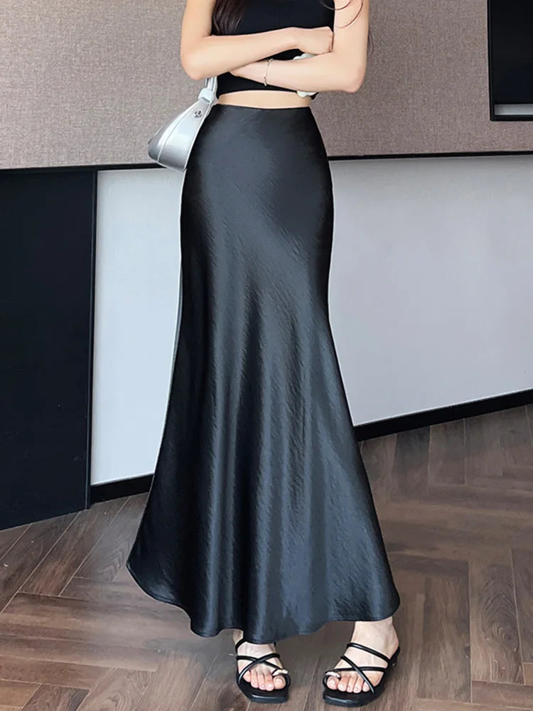 Lunivop  Chic Satin Elegant Long Skirt Women Casual Fashion High Waist Sweet Trumpet Skirts Slim Summer Female Korean Long Skirts