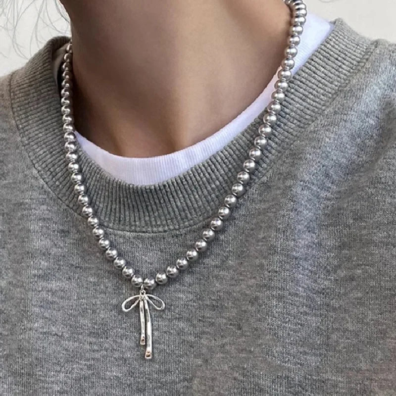 Lunivop Goth Harajuku Cute Y2K Aesthetic Bowknot Pendant Grey Pearl Beaded Rope Chain Necklace for Girl Choker Cool 90s EMO Accessories