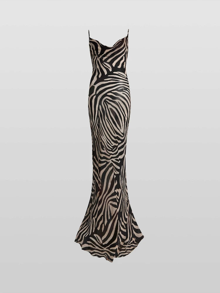 Lunivop Chiffon Zebra Print Beach Dress Women Sexy See Through Sim Long Party Dresses Summer Spaghetti Strap Backless Holiday Dress