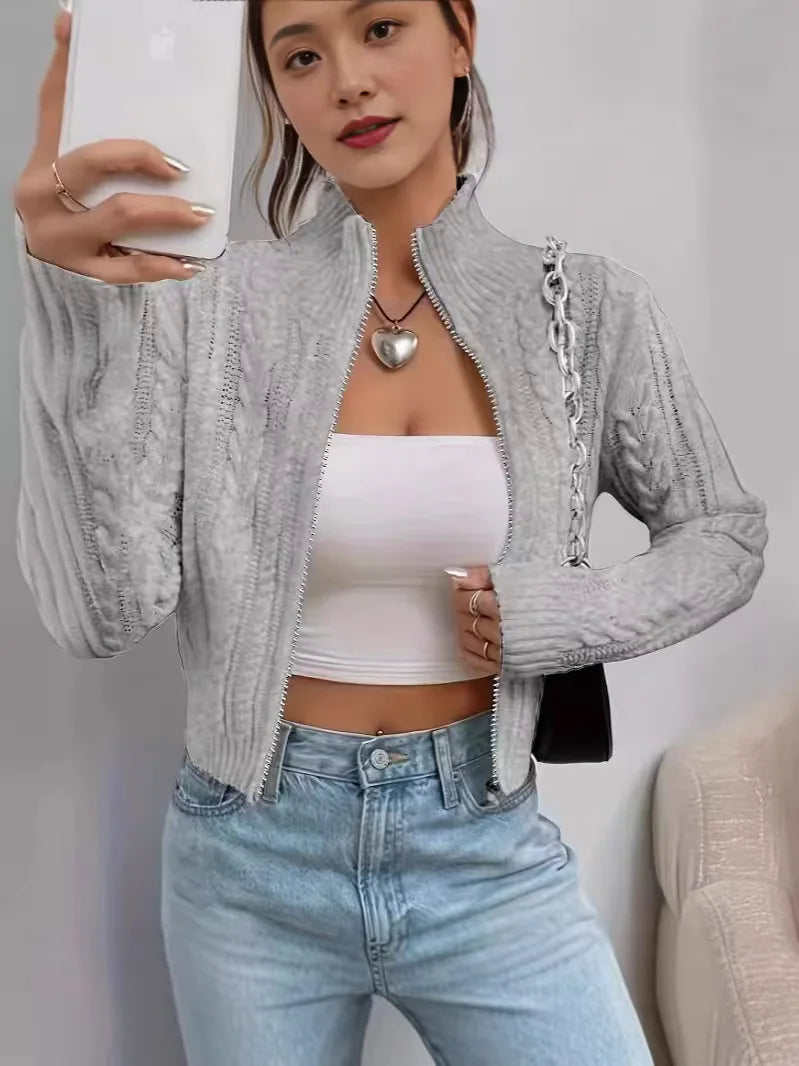 Lunivop Zip Up Crop Cardigan for Women Boxy-fit Zipper Front Cable Knit Sweater Jacket Autumn Winter Teen-girl Y2K Outfit