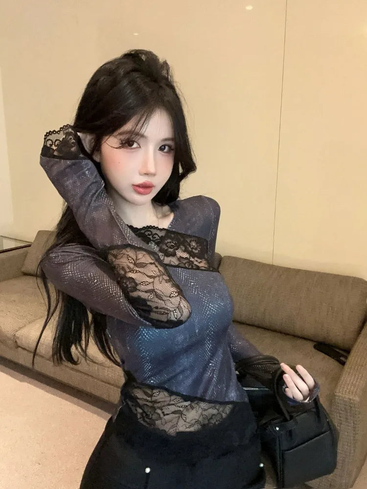 Lunivop  Y2k Lace Patchwork Vintage Long Sleeve T-shirts Summer Irregular Slim Fit Top for Women 2025 New Long Sleeve Tee Shirt