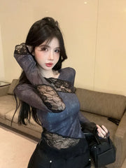 Lunivop  Y2k Lace Patchwork Vintage Long Sleeve T-shirts Summer Irregular Slim Fit Top for Women 2025 New Long Sleeve Tee Shirt