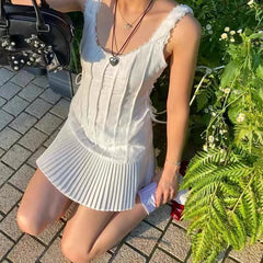 Lunivop  Sweet Girl O Neck Sleeveless White Tank Mini Dress Women Side Bandage Pleated Hem Casual Holiday Summer Dresses Short Robe