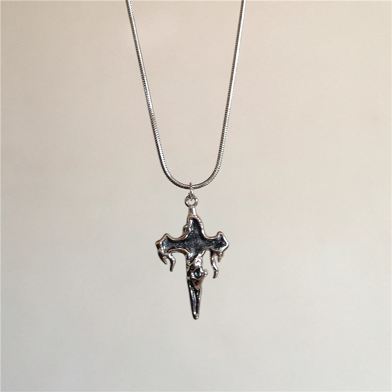 Lunivop Gothic Y2k Aesthetic Irregular Black Heart Cross Pendant Snake Chain Necklace For Women Men Halloween Rave Jewelry Accessories