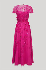 Lunivop  Pink Tulle Prom Gown Illusion A-line Evening Formal Elegant Sleeveless Ankle-Length 3D Flowers Party Dresses  Hig
