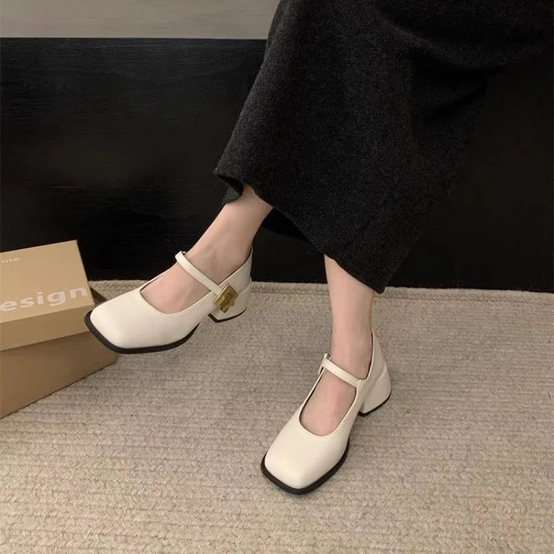 Lunivop Autumn New Women Fashion Square Toe Close Toe Ankel Strap Mules Ladies Elegant Mary Jane Ballet Shoes Mid Heel Dress Pumps