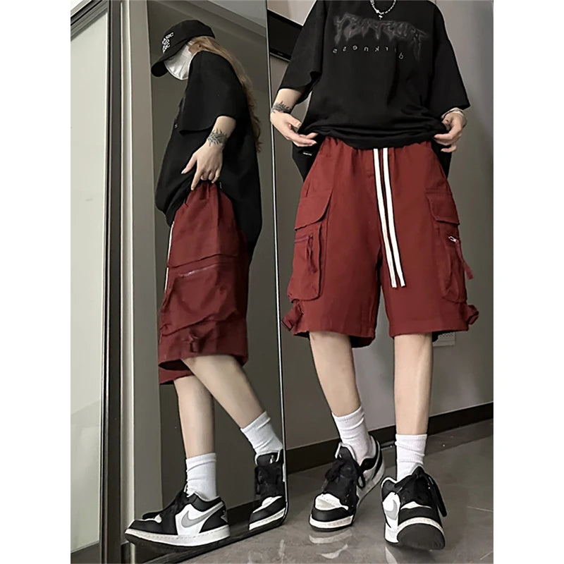 Lunivop Y2K Cargo Shorts Pants Women High Waist Drawstring Baggy Pockets Casual Knee-Length Shorts Bf Korean Streetwear Jogging Pants