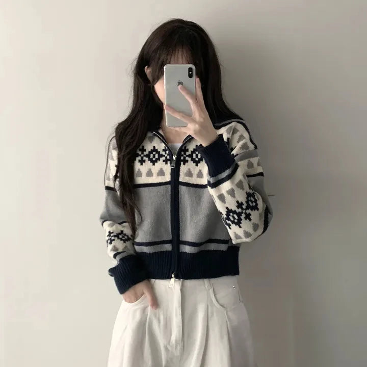 Lunivop Zip Up Cardigan for Women Fair Isle Print Zipper Front Knitted Sweater Jacket Teen-girl Autumn Winter Vintage Chic Outfit
