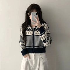 Lunivop Zip Up Cardigan for Women Fair Isle Print Zipper Front Knitted Sweater Jacket Teen-girl Autumn Winter Vintage Chic Outfit