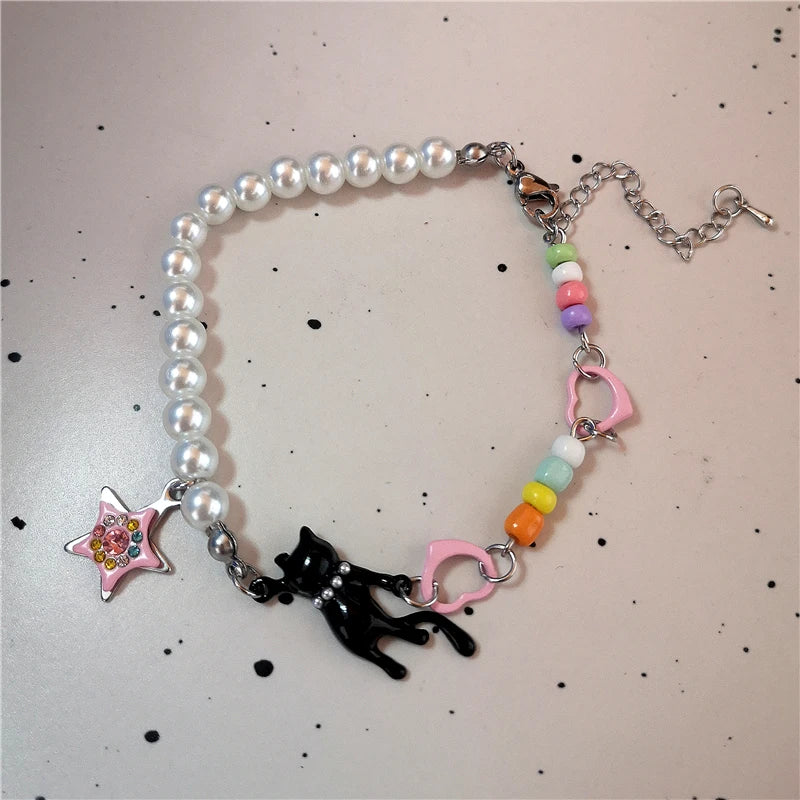 Lunivop Goth Aesthetic Black Cat Star Love Ceramic Acrylic Colorful Beaded Chain Bracelet Girl 2000s EMO Charm Jewelry Y2K Accessories